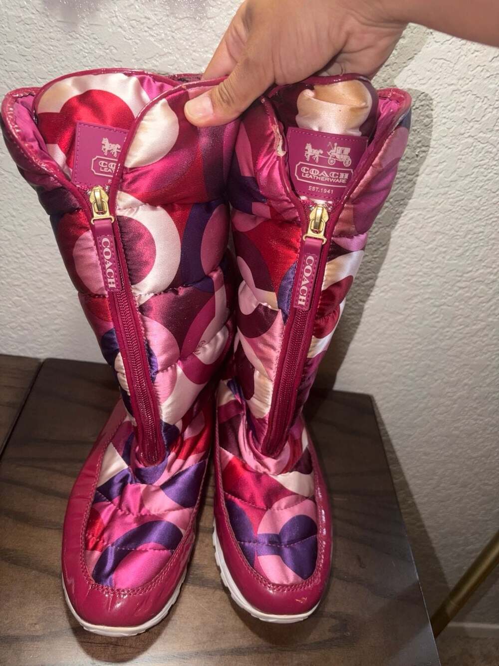 Coach Pink Multi Signature Pop C Quilted Puffer Zip Snow Boots